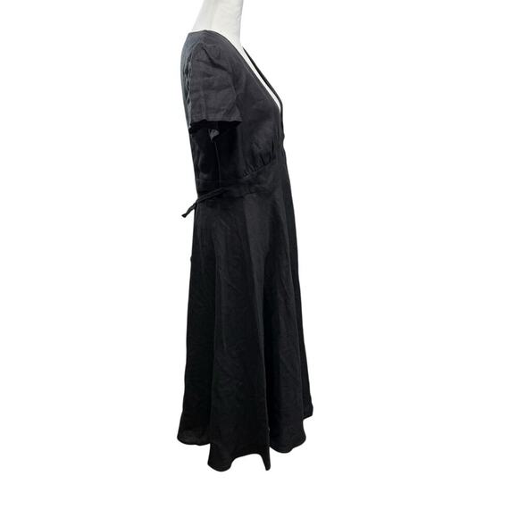 Linen Handmade Studio 100% Linen Midi Dress Size 14 Deep V Neck Sicily Black NWT - Picture 4 of 9